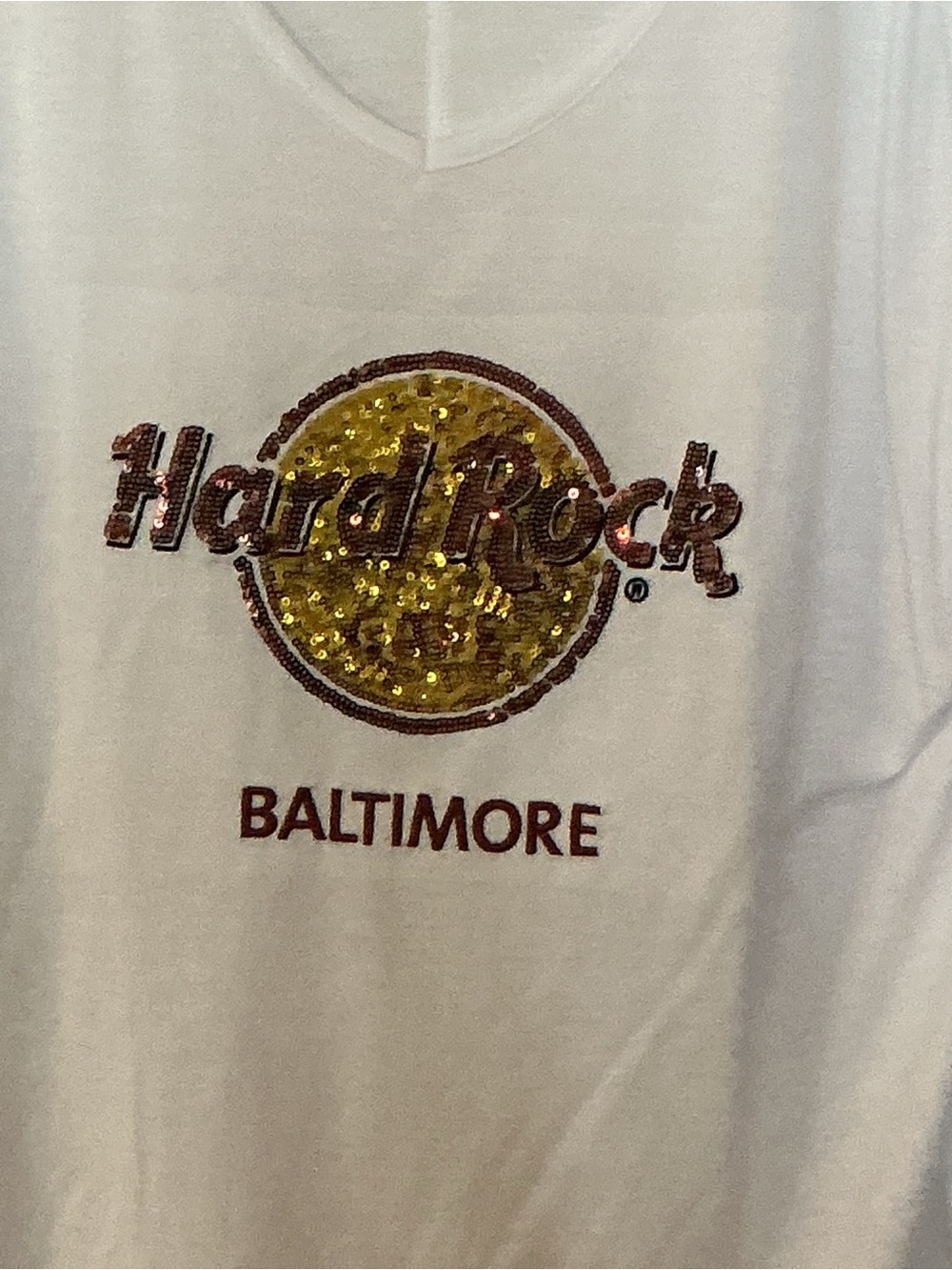 Hard Rock Cafe White V Neck Tee w Gold and Copper Sequin Logo New Without Tags L